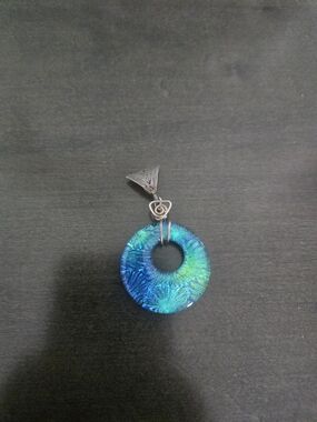 Handmade Blue-Green Dichroic Glass Circle Pendant Necklace